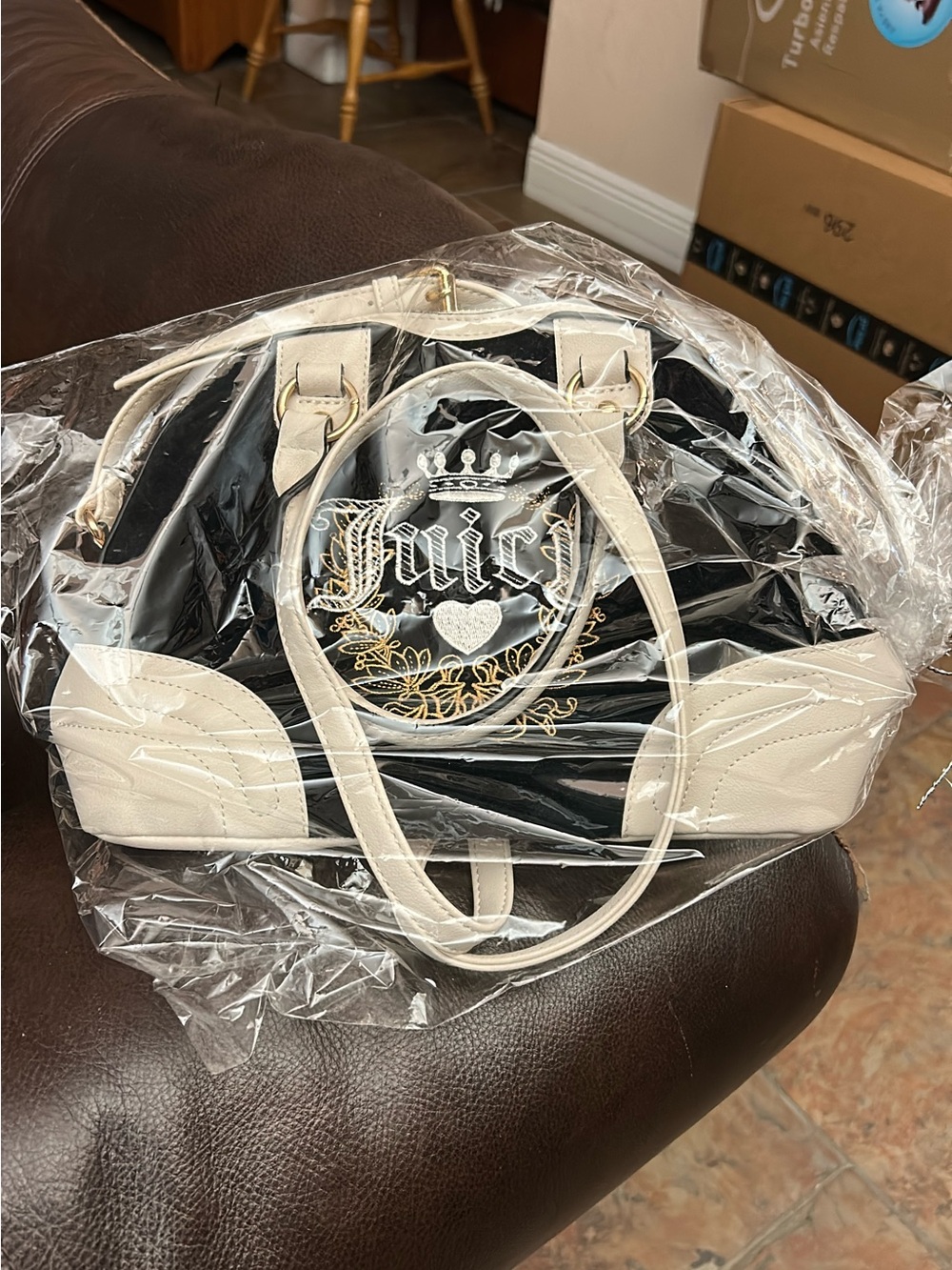 Juicy Couture Black and Cream Logo Satchel with Gold Embroidery